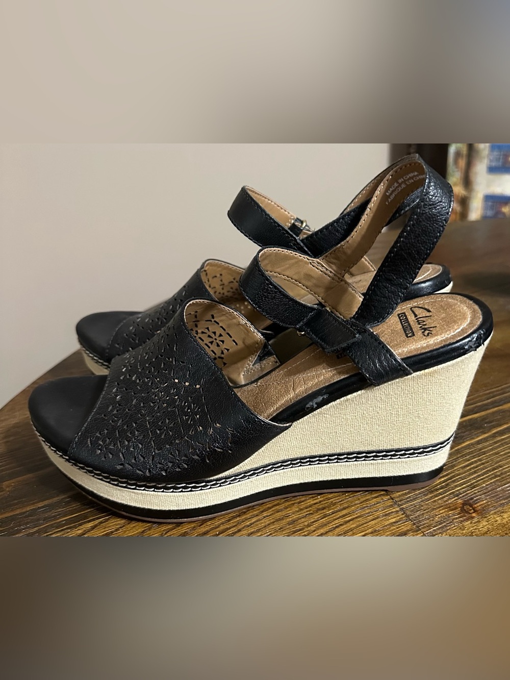 Clarks Black Leather Wedge Sandals